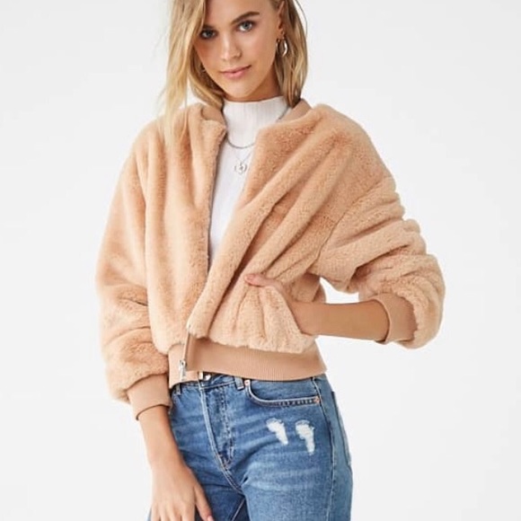 Bomber Jacket Peach Faux Fur Cropped - Picture 2 of 8